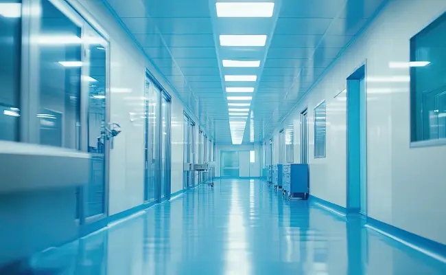 Bright clean room corridor with blue floor in a research facility