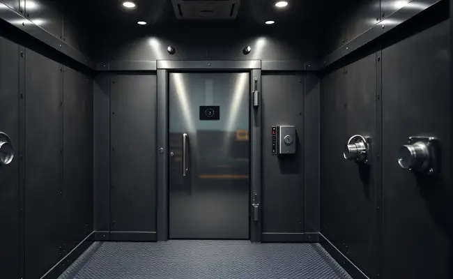 Anthracite panic room door with security locking in a dark room