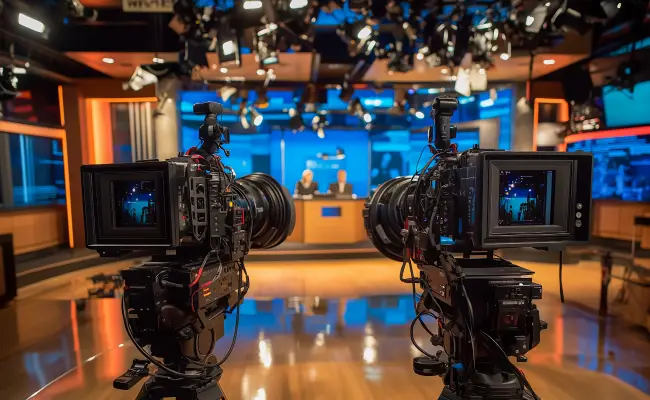 Television studio with cameras and illuminated news set