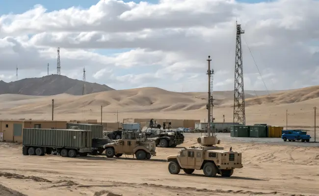 Militärisches Feldlager mit Fahrzeugen und Antennenmast in der Wüste