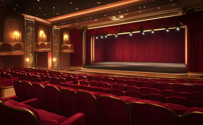 Theatersaal mit roten Sitzreihen und geschlossenem Bühnenvorhang