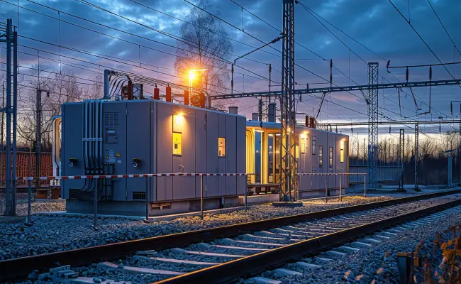 Trafostation an Bahngleisen in der Abenddämmerung