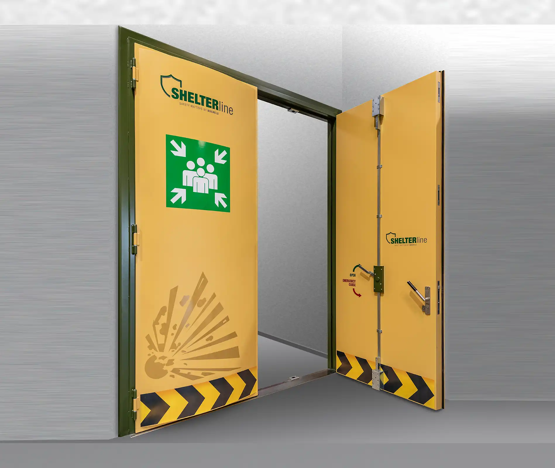 Zweiflügelige gelbe SHELTER LINE Panikraumtür von BUCHELE, geöffnet
