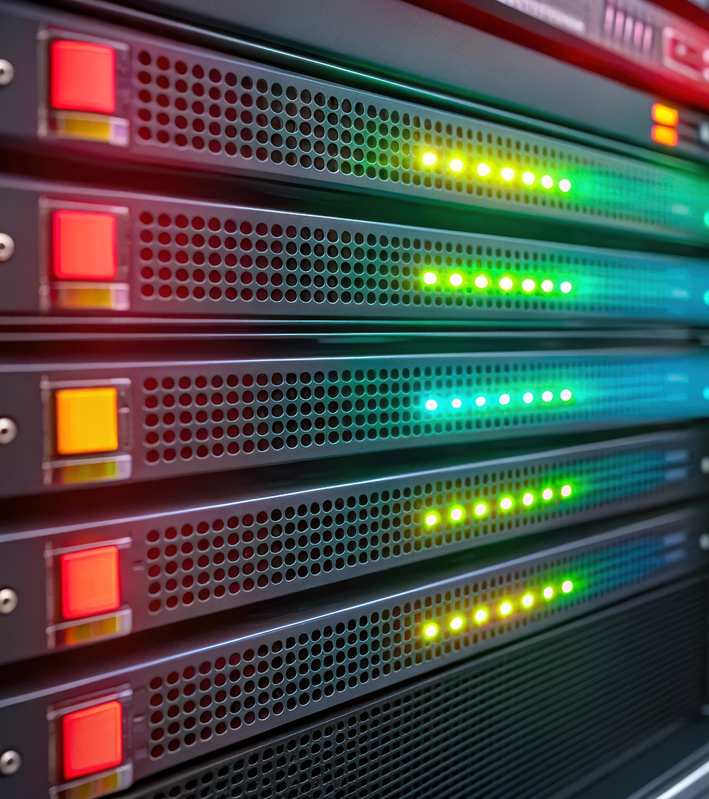 Server rack with illuminated status LEDs