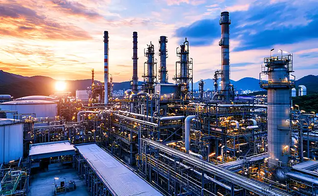 Refinery and power plant with pipelines at sunset