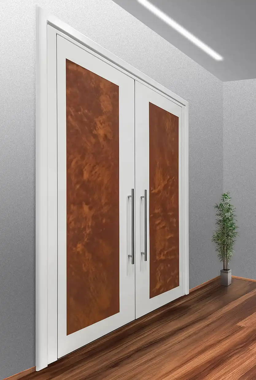 Zweiflügelige ROTARY LINE Tür von BUCHELE mit Holz-Dekorflächen in einem Flur