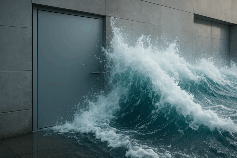 FLOOD LINE Hochwasserschutztür von BUCHELE hält anbrandende Welle ab