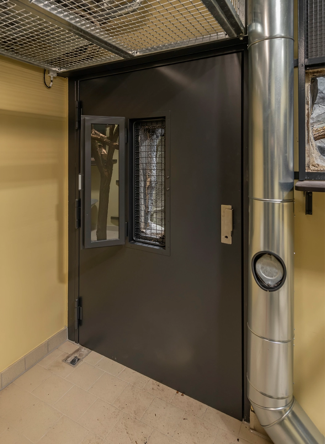 Dunkelgraue Stahltür mit Sichtfenster in einem Technikraum