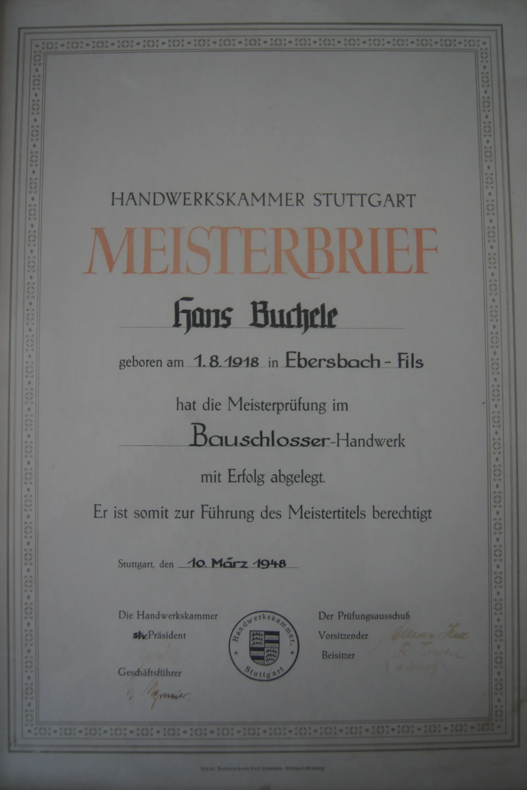Meisterbrief der Handwerkskammer Stuttgart für Hans Buchele im Bauschlosser-Handwerk, 1943