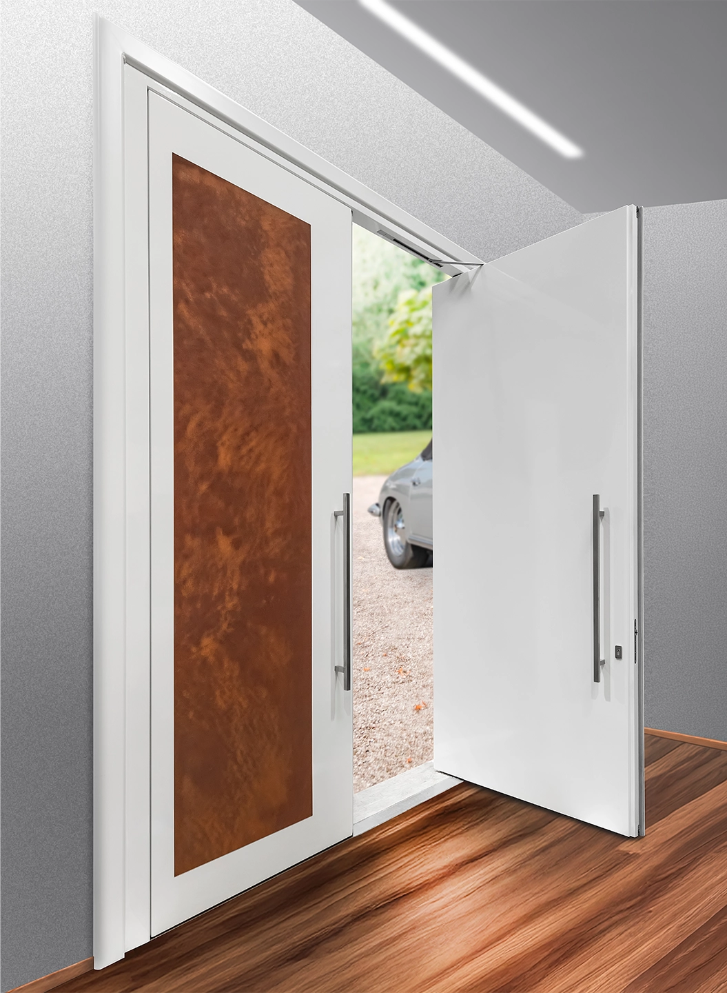 White entrance door by BUCHELE with wood decor panel, half open