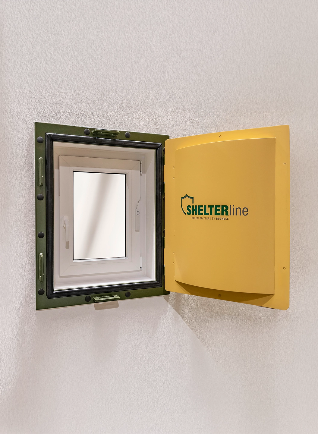 Yellow SHELTER LINE window flap by BUCHELE, open