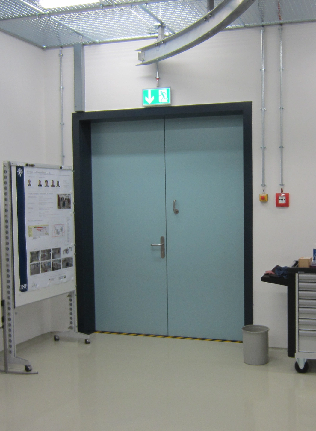 Double-leaf light blue high-frequency shielding door in a test laboratory